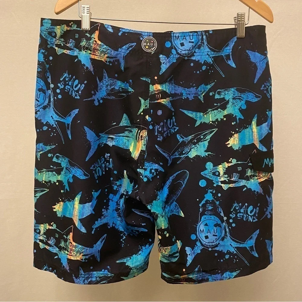 Maui & Sons Sz 36 Shark Boardshorts Mens Swim Surf Beach Black Colorful